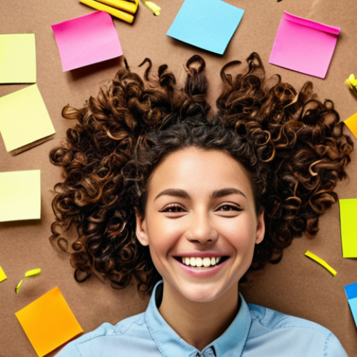 Home 4 ** A vibrant, chaotic workspace filled with colorful sticky notes connecting seemingly random objects. In the center, a person is smiling, connecting these ideas with a marker. The style should be bright and energetic, like a brainstorming session. This represents the power of associative thinking.
**